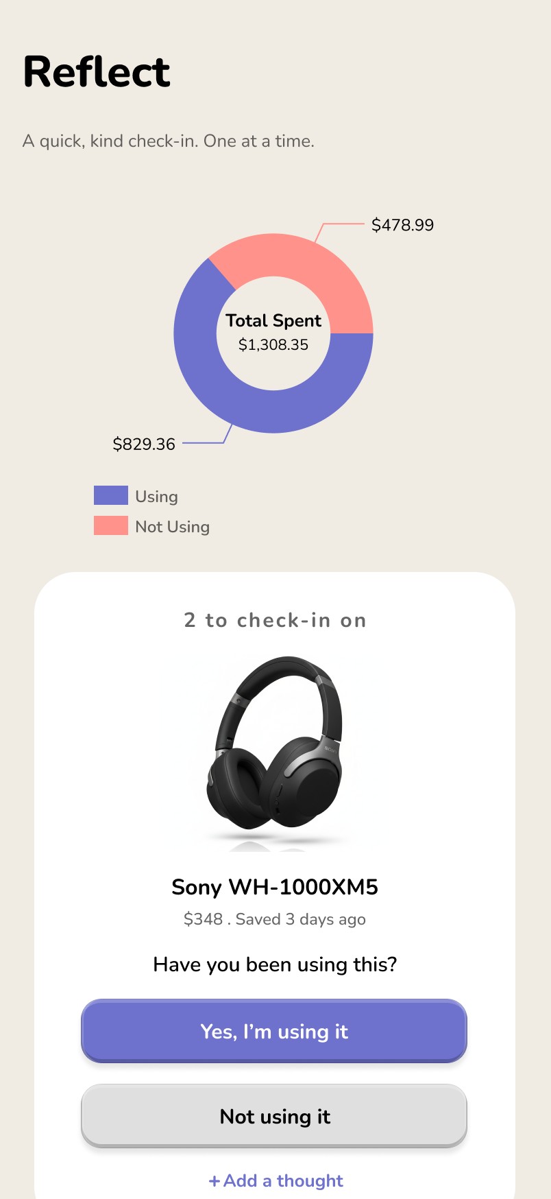 The redesigned Reflect page with a pie chart of total spending