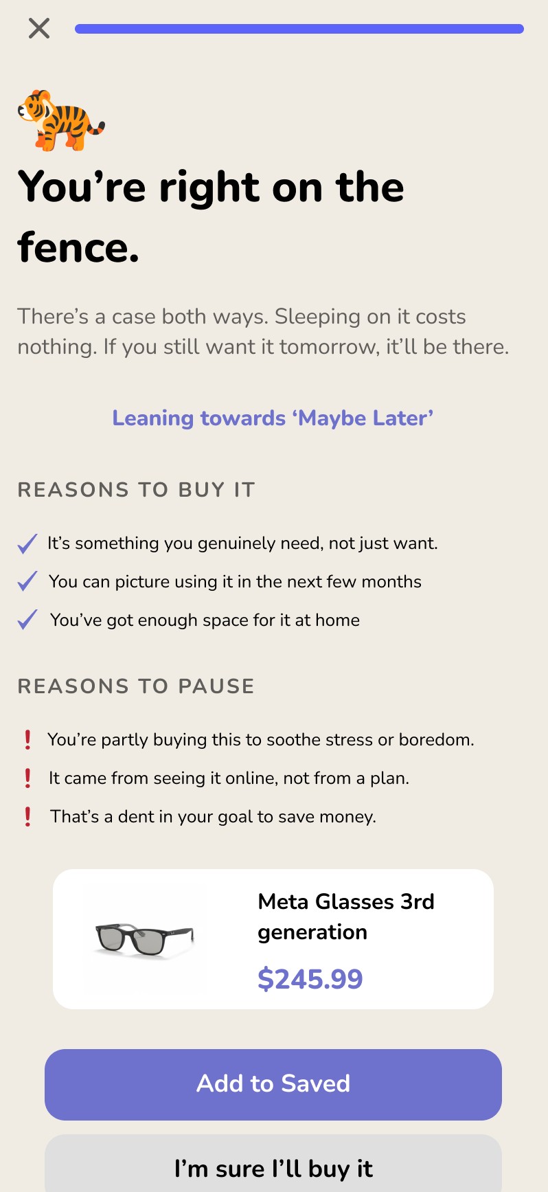 Check-in results listing three reasons to buy and three to pause