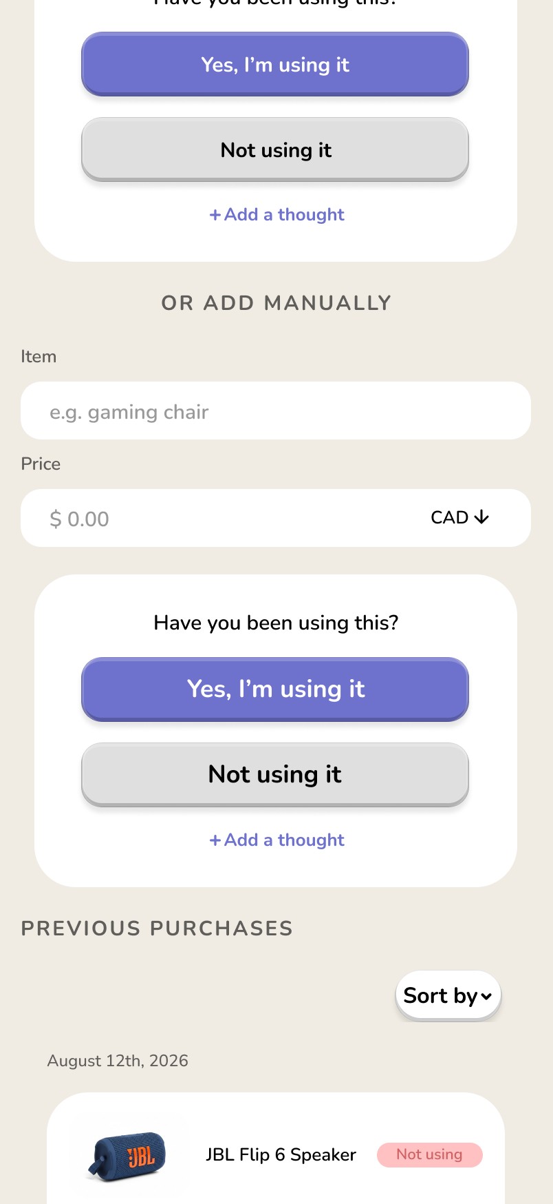 The new Or add manually form for logging outside purchases