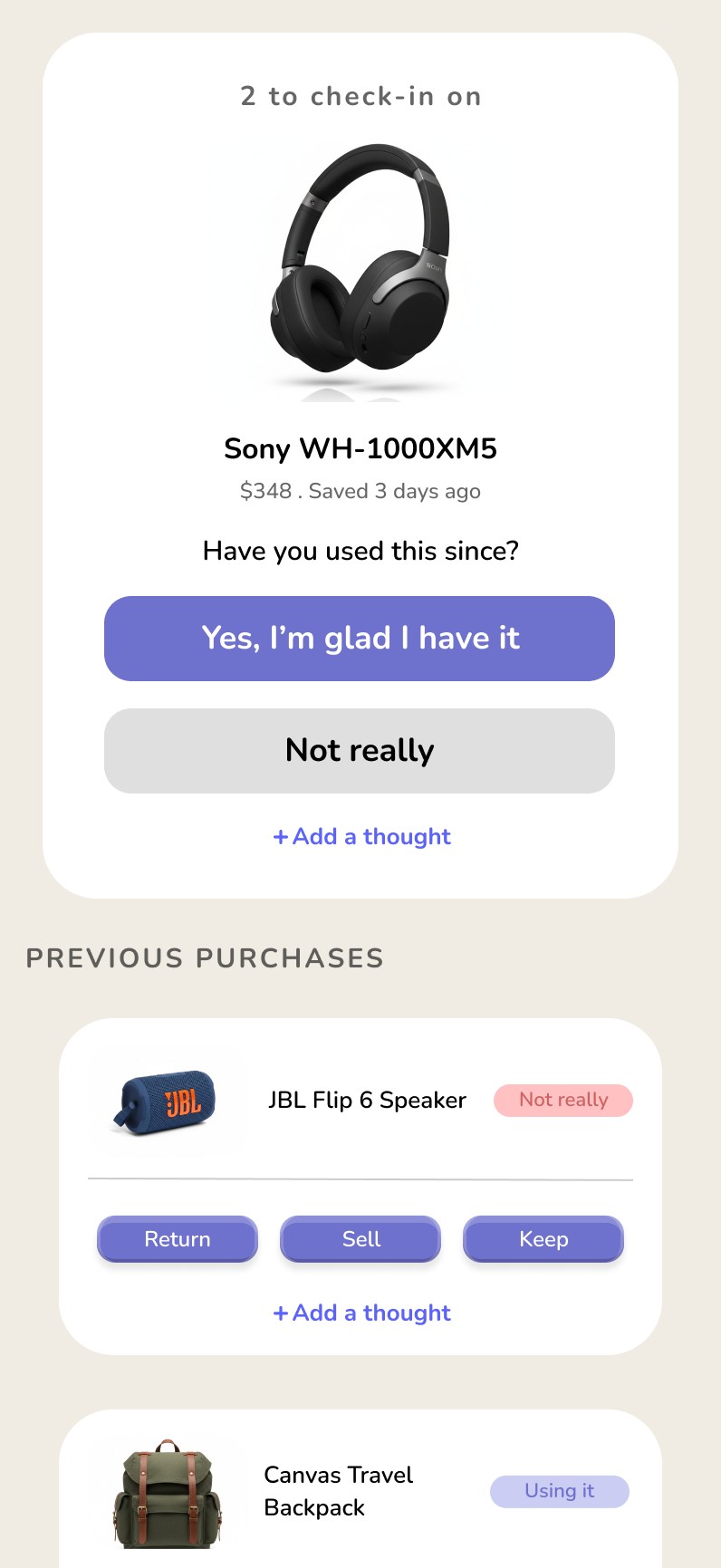 The original Reflect page, with no way to add outside purchases