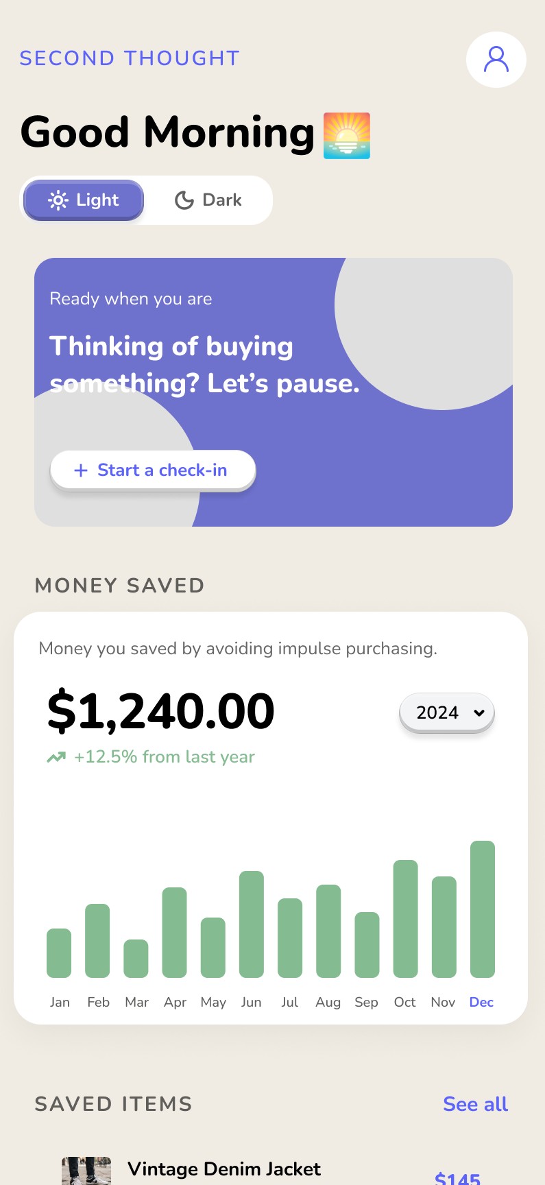 New homepage with one yearly money-saved chart