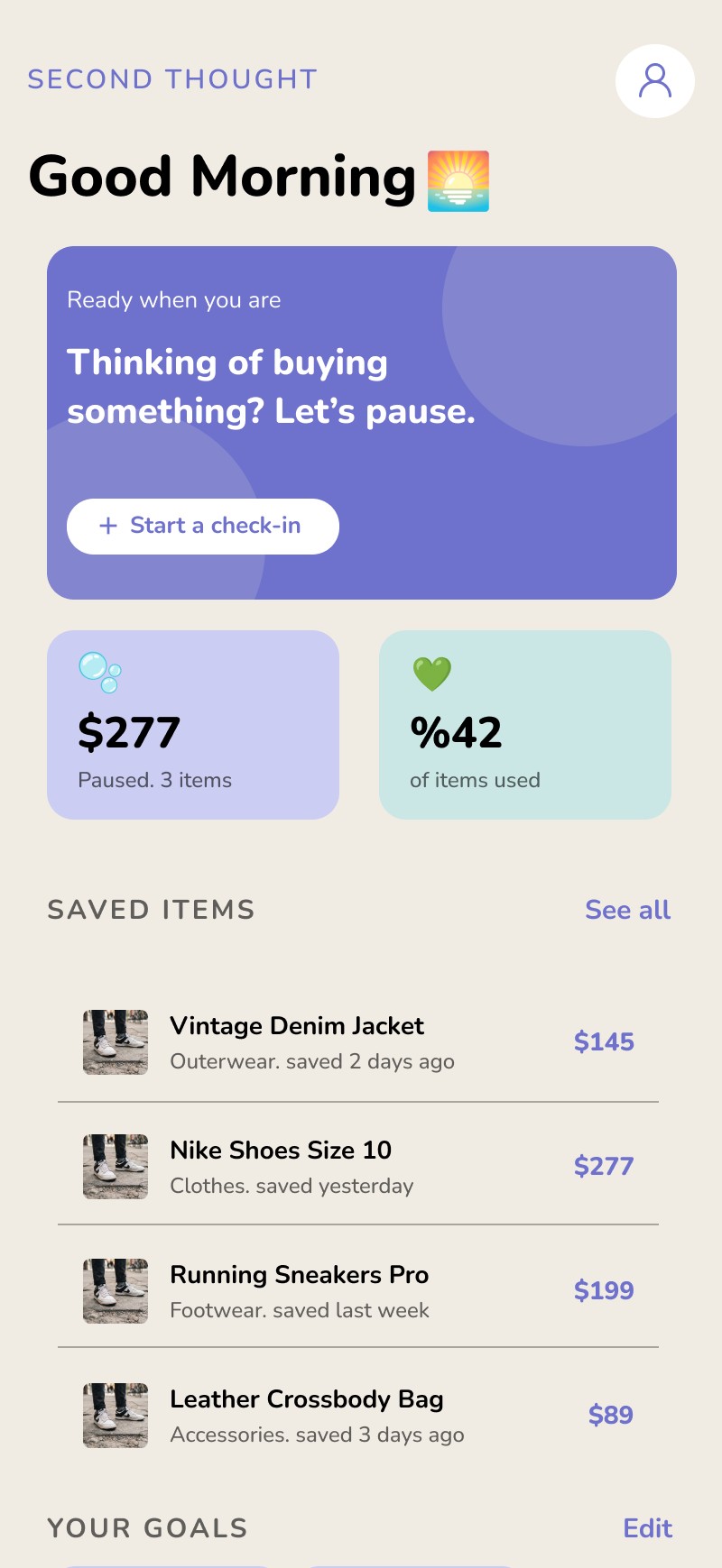 Old homepage with separate paused-items and items-used cards