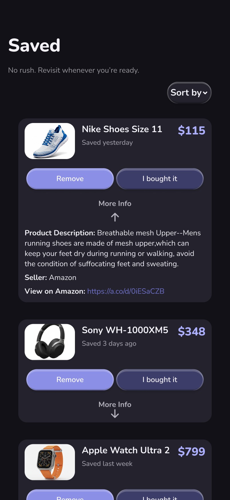 The same Saved page in the new dark mode