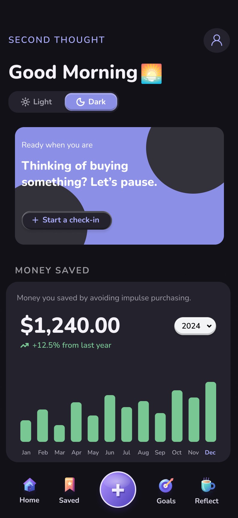 Second Thought homepage, dark mode